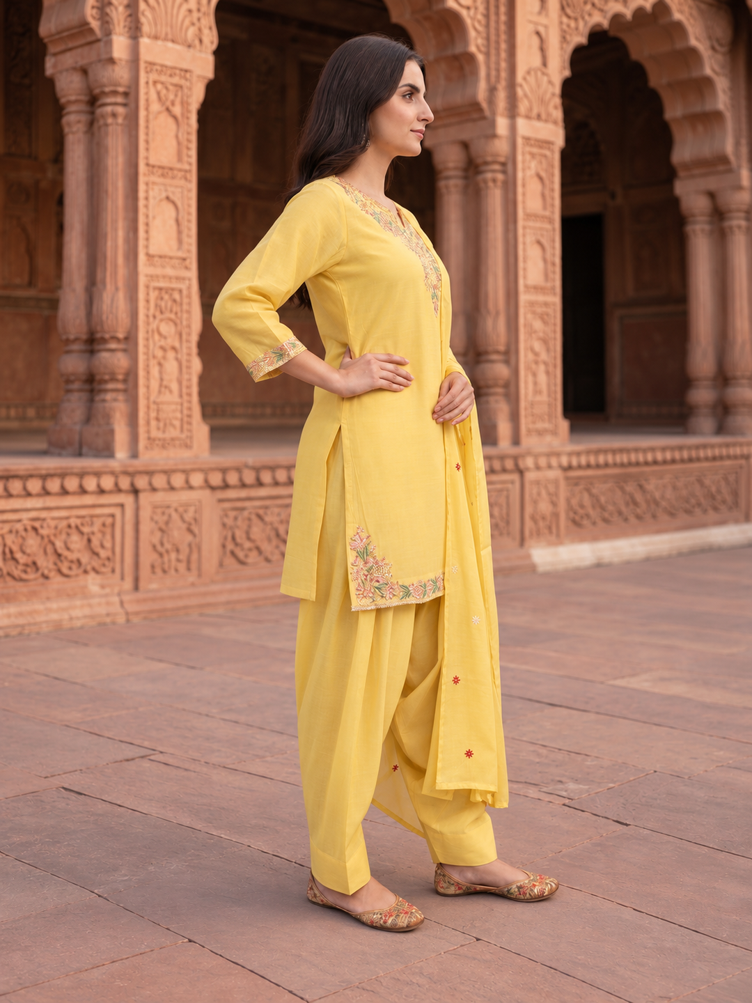 Butter Yellow Solid Chanderi Silk Straight Kurta Set with Floral Thread Embroidery, Sequin Highlights, Salwar & Embroidered Dupatta