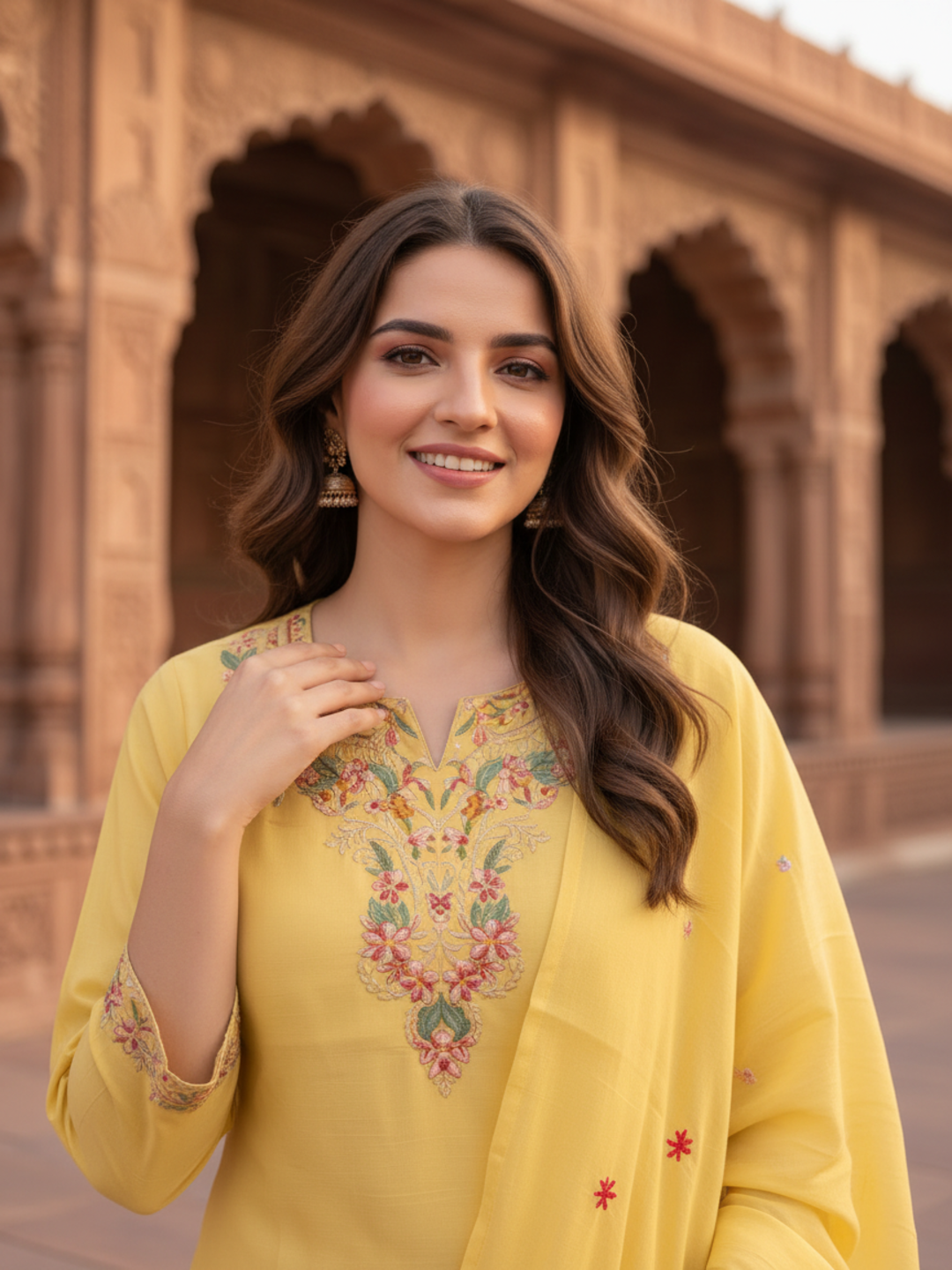 Butter Yellow Solid Chanderi Silk Straight Kurta Set with Floral Thread Embroidery, Sequin Highlights, Salwar & Embroidered Dupatta