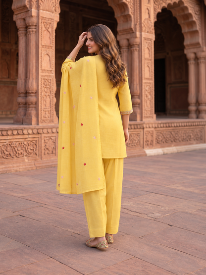 Butter Yellow Solid Chanderi Silk Straight Kurta Set with Floral Thread Embroidery, Sequin Highlights, Salwar & Embroidered Dupatta