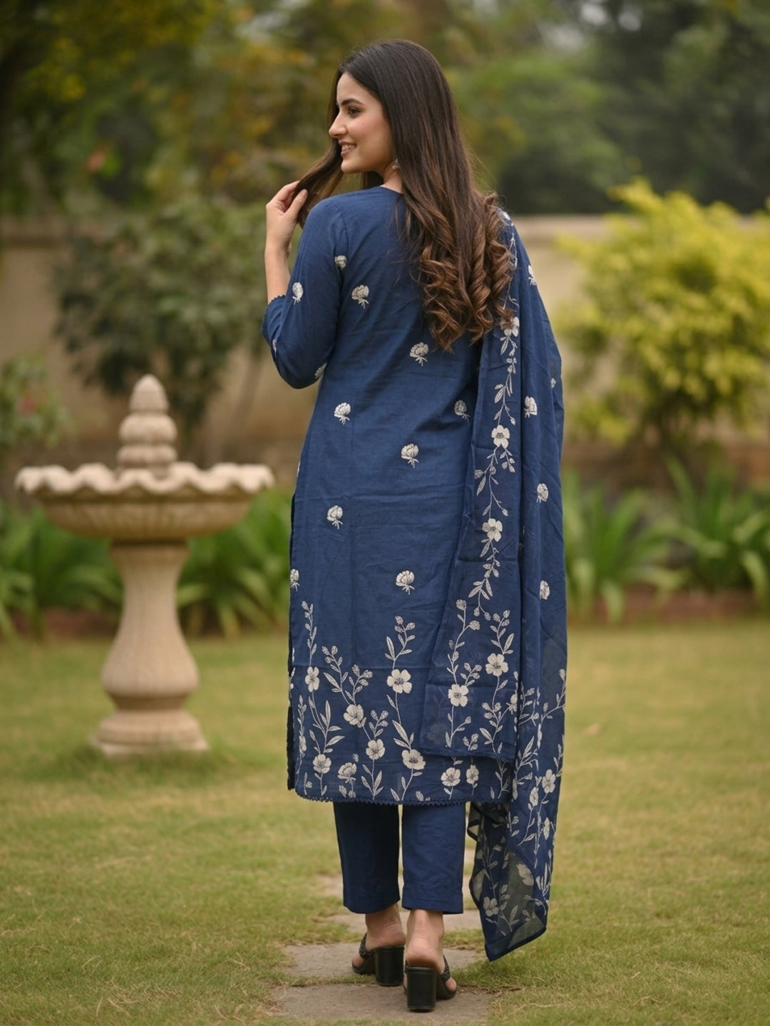 Navy Blue Floral Print Cotton Straight Kurta Set with Hand Embroidery, Lace Detail, Pant & Floral Printed Dupatta