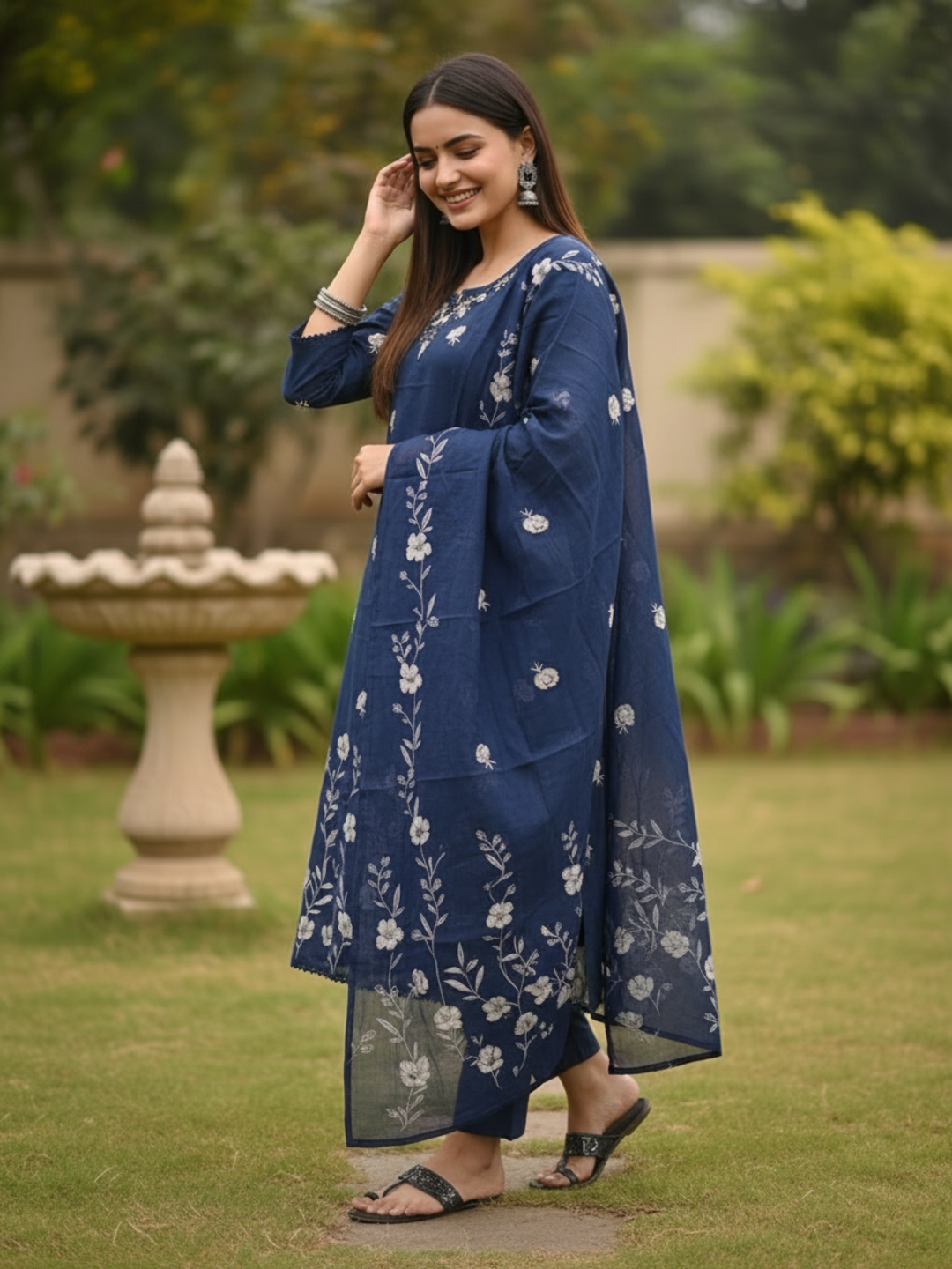 Navy Blue Floral Print Cotton Straight Kurta Set with Hand Embroidery, Lace Detail, Pant & Floral Printed Dupatta