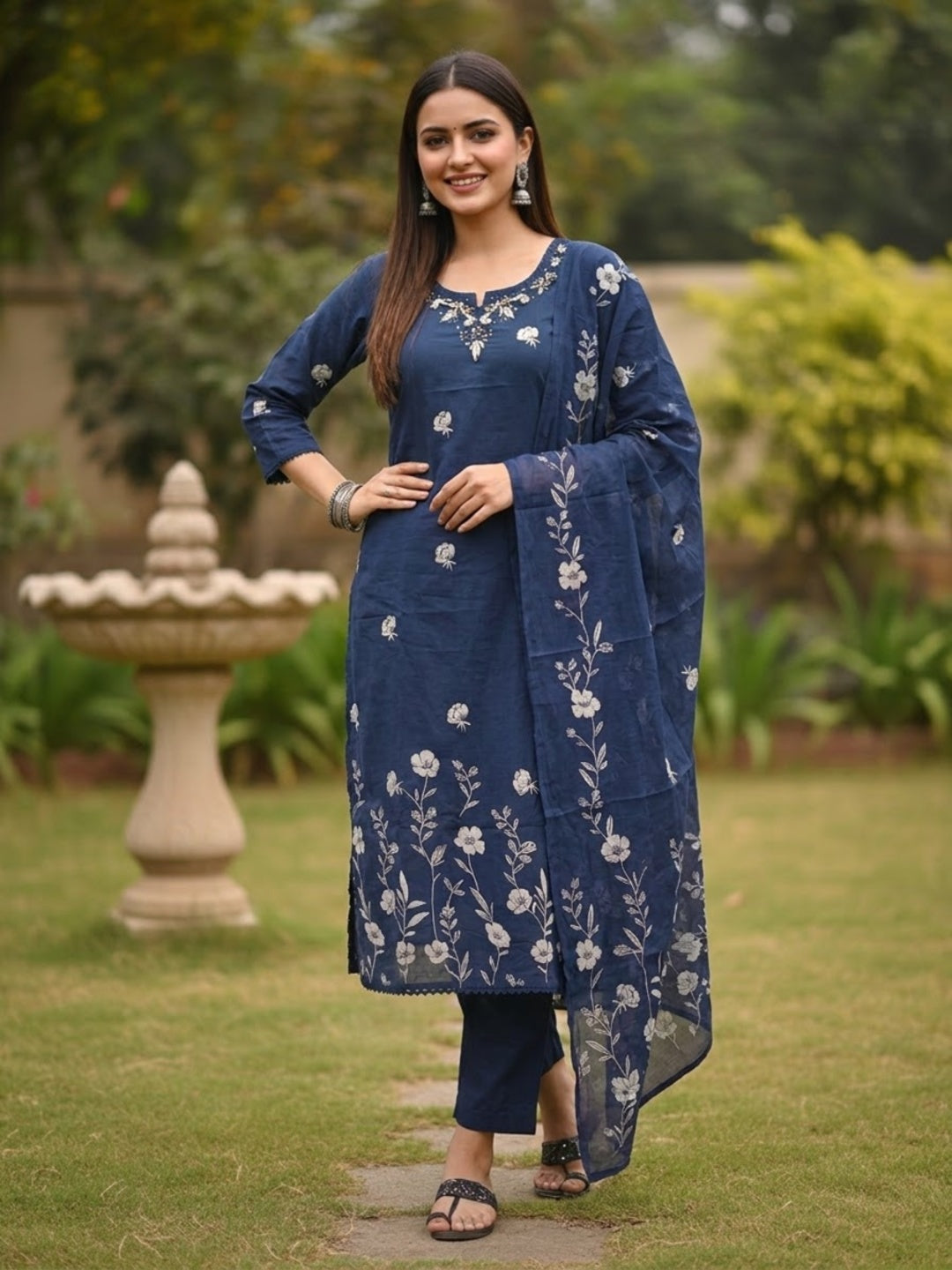 Navy Blue Floral Print Cotton Straight Kurta Set with Hand Embroidery, Lace Detail, Pant & Floral Printed Dupatta