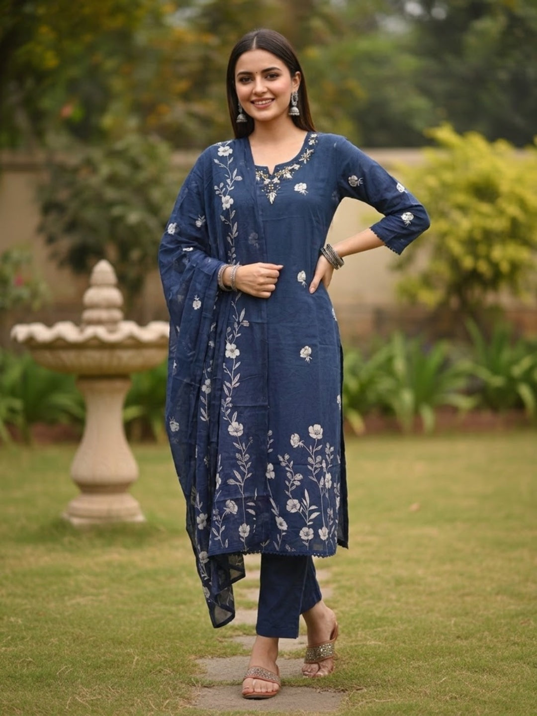 Navy Blue Floral Print Cotton Straight Kurta Set with Hand Embroidery, Lace Detail, Pant & Floral Printed Dupatta
