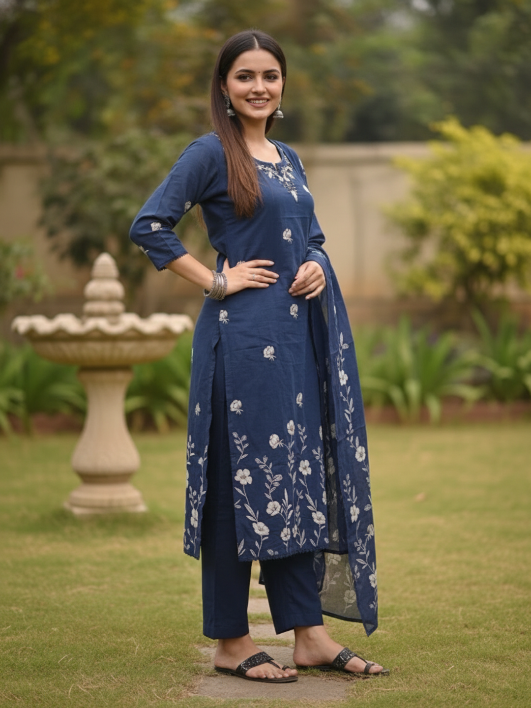 Navy Blue Floral Print Cotton Straight Kurta Set with Hand Embroidery, Lace Detail, Pant & Floral Printed Dupatta