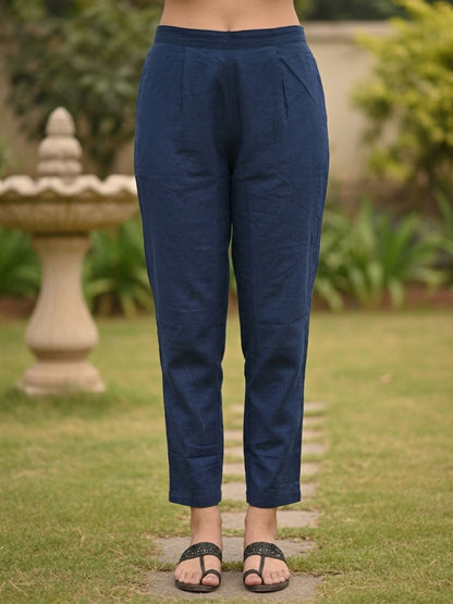 Navy Blue Floral Print Cotton Straight Kurta Set with Hand Embroidery, Lace Detail, Pant & Floral Printed Dupatta