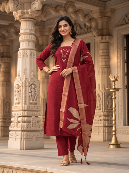 Maroon Solid Muslin Silk Straight Kurta Set with Mirror Work, V-Neck, Pant & Printed Poly Chanderi Dupatta with Tassels