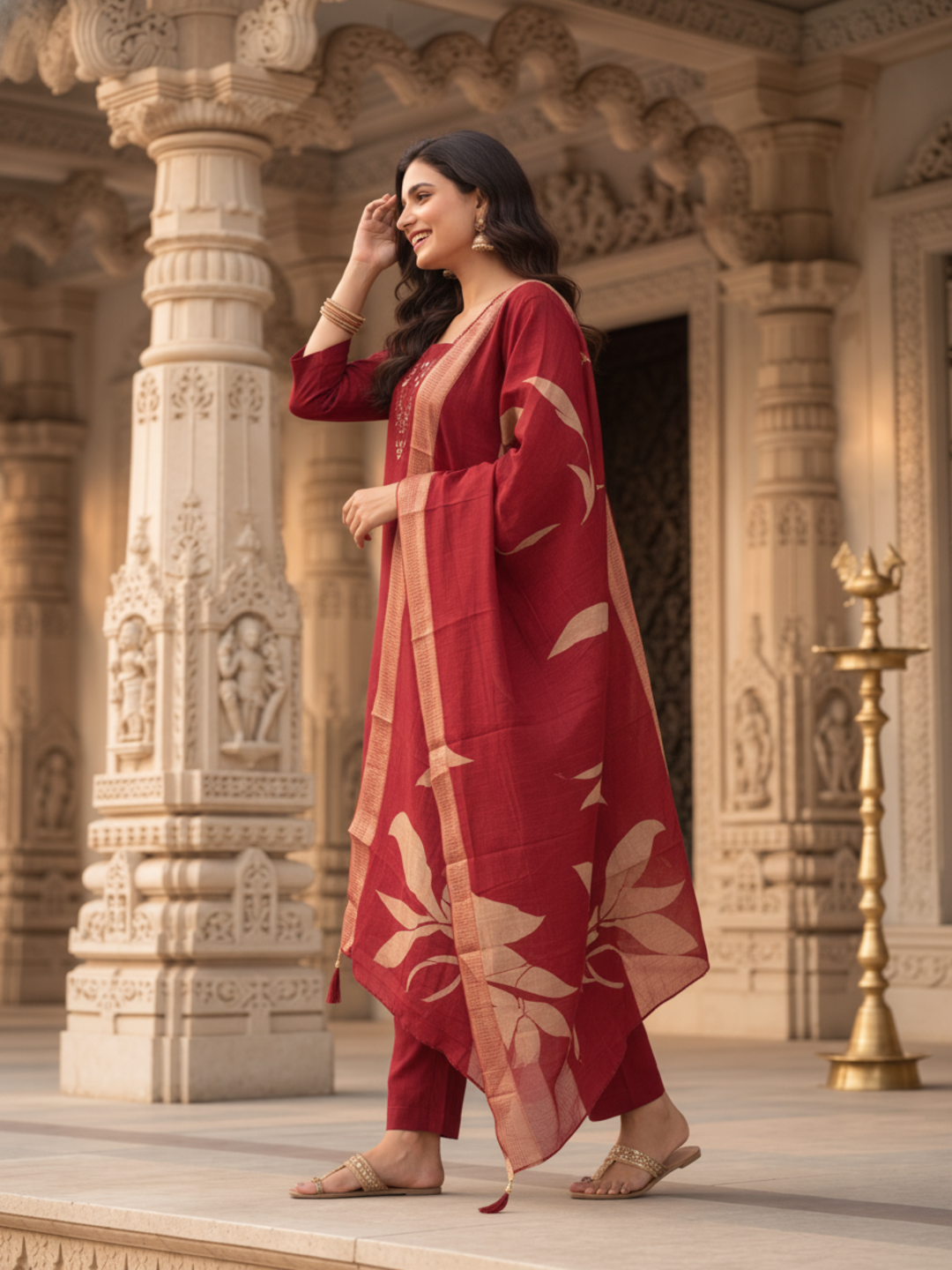 Maroon Solid Muslin Silk Straight Kurta Set with Mirror Work, V-Neck, Pant & Printed Poly Chanderi Dupatta with Tassels