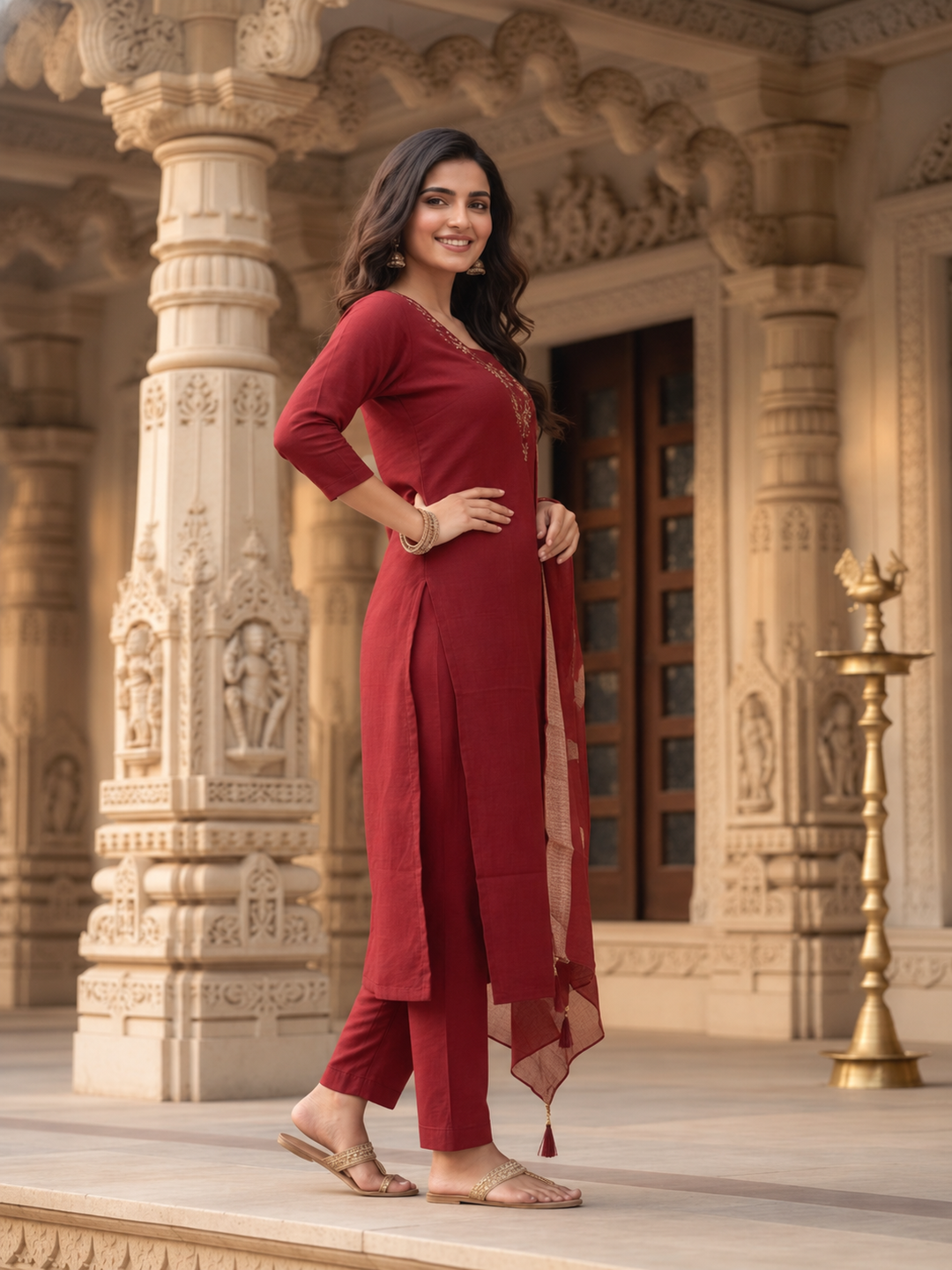 Maroon Solid Muslin Silk Straight Kurta Set with Mirror Work, V-Neck, Pant & Printed Poly Chanderi Dupatta with Tassels