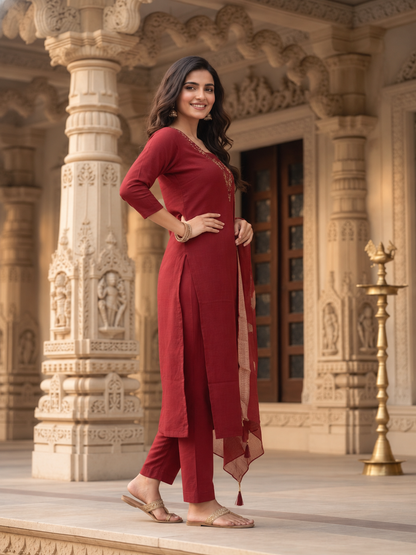 Maroon Solid Muslin Silk Straight Kurta Set with Mirror Work, V-Neck, Pant & Printed Poly Chanderi Dupatta with Tassels