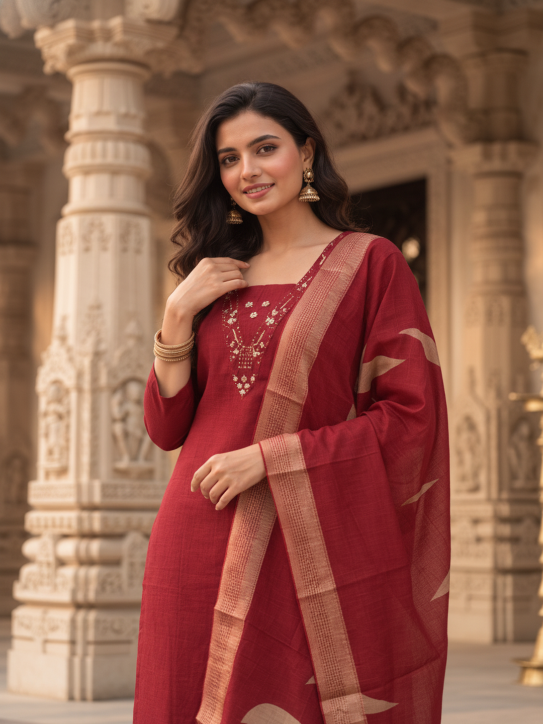 Maroon Solid Muslin Silk Straight Kurta Set with Mirror Work, V-Neck, Pant & Printed Poly Chanderi Dupatta with Tassels