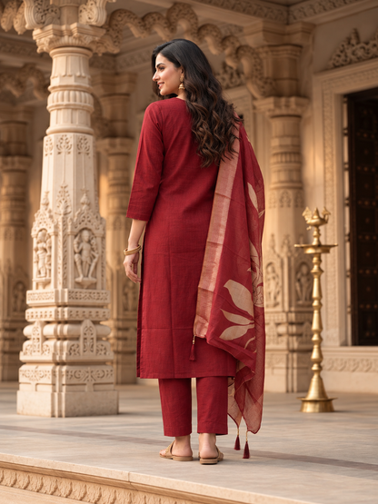 Maroon Solid Muslin Silk Straight Kurta Set with Mirror Work, V-Neck, Pant & Printed Poly Chanderi Dupatta with Tassels