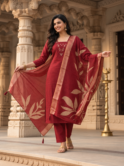 Maroon Solid Muslin Silk Straight Kurta Set with Mirror Work, V-Neck, Pant & Printed Poly Chanderi Dupatta with Tassels