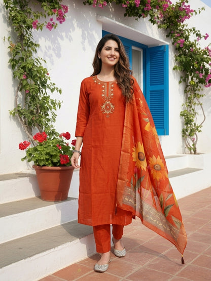 Rust Solid Muslin Silk Straight Kurta Set with Floral Hand Embroidery, Pant & Printed Poly Chanderi Dupatta