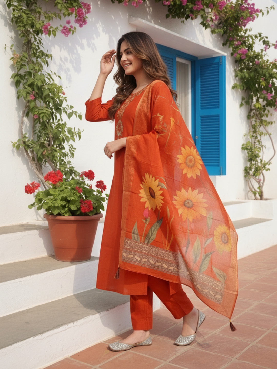 Rust Solid Muslin Silk Straight Kurta Set with Floral Hand Embroidery, Pant & Printed Poly Chanderi Dupatta
