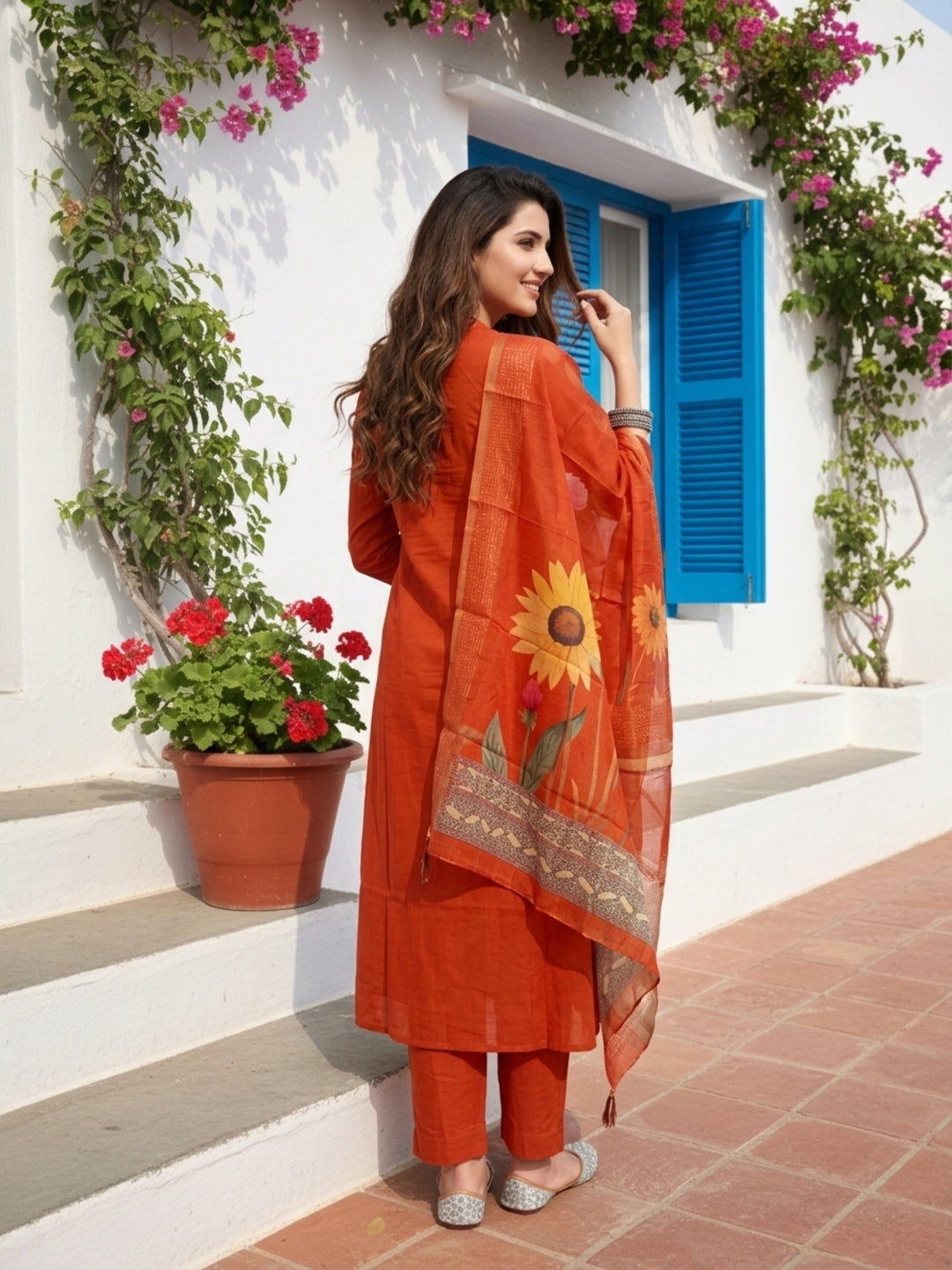 Rust Solid Muslin Silk Straight Kurta Set with Floral Hand Embroidery, Pant & Printed Poly Chanderi Dupatta