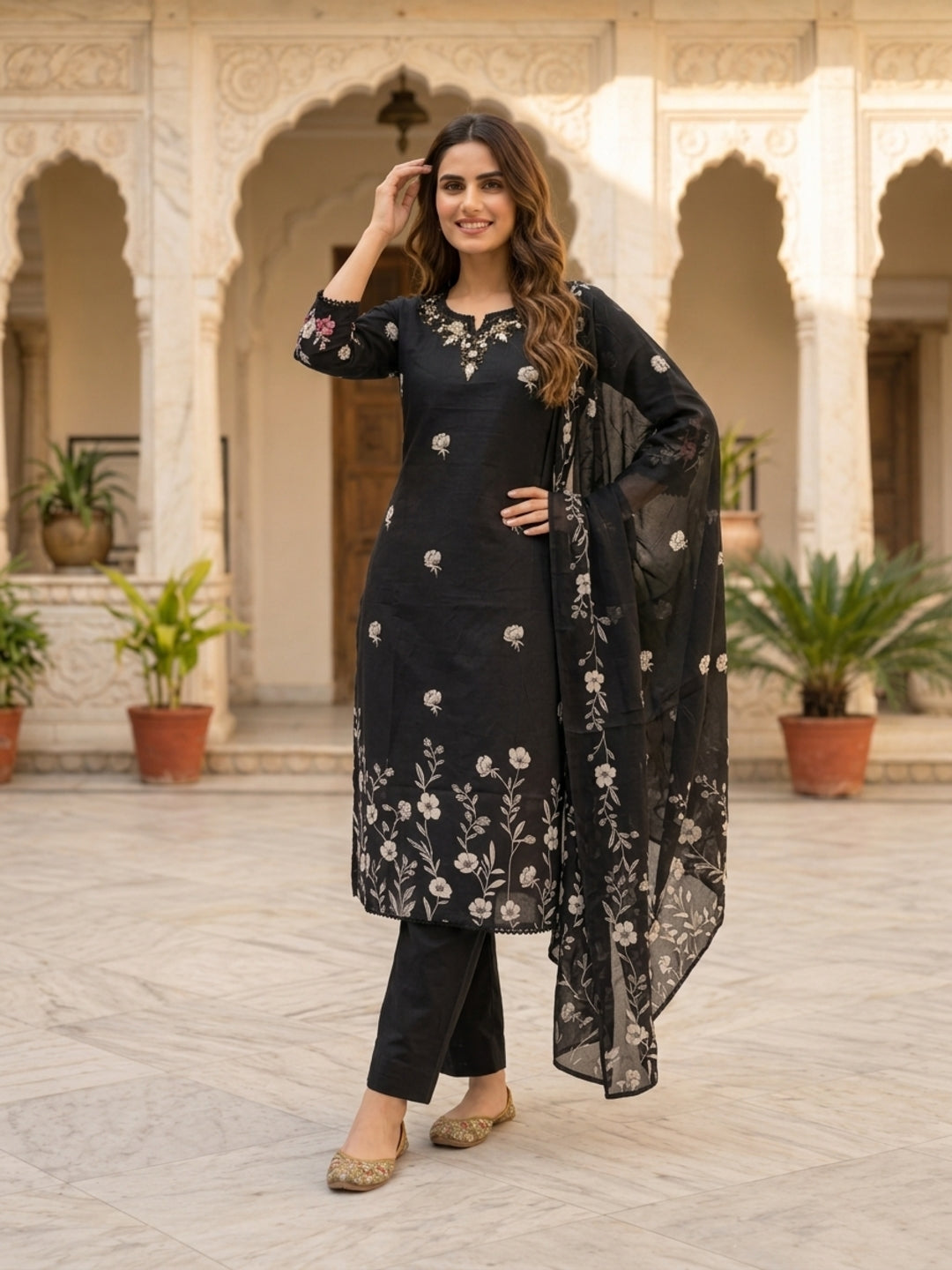 Black Floral Print Cotton Straight Kurta Set with Mirror Work, Lace Detail, Pant & Floral Printed Dupatta