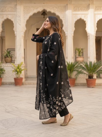 Black Floral Print Cotton Straight Kurta Set with Mirror Work, Lace Detail, Pant & Floral Printed Dupatta