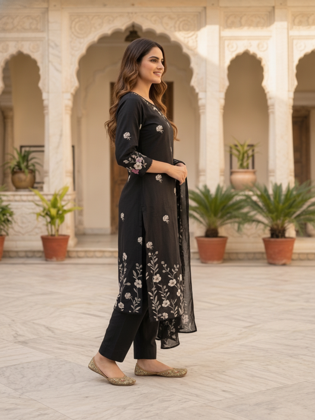 Black Floral Print Cotton Straight Kurta Set with Mirror Work, Lace Detail, Pant & Floral Printed Dupatta