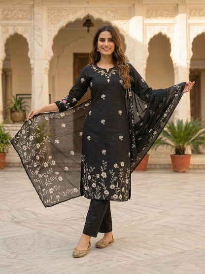 Black Floral Print Cotton Straight Kurta Set with Mirror Work, Lace Detail, Pant & Floral Printed Dupatta