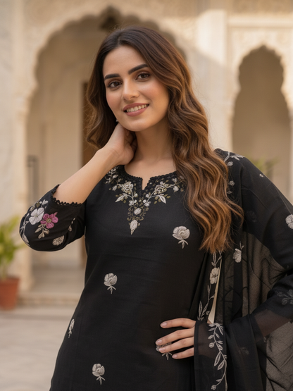 Black Floral Print Cotton Straight Kurta Set with Mirror Work, Lace Detail, Pant & Floral Printed Dupatta