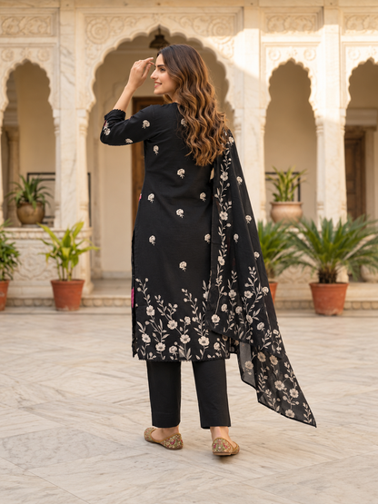 Black Floral Print Cotton Straight Kurta Set with Mirror Work, Lace Detail, Pant & Floral Printed Dupatta