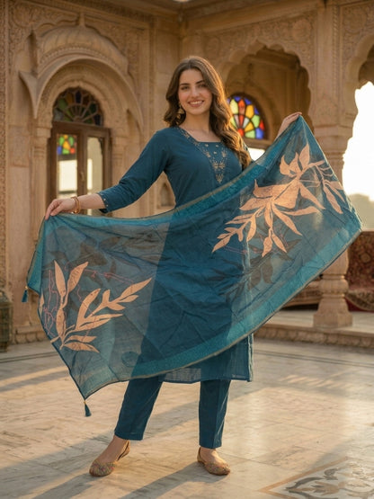 Steel Blue Solid Muslin Silk Straight Kurta Set with Mirror Work, Hand Embroidery, V-Neck, Pant & Printed Poly Chanderi Dupatta