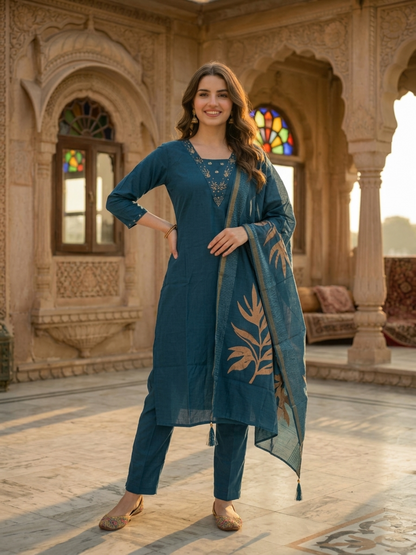 Steel Blue Solid Muslin Silk Straight Kurta Set with Mirror Work, Hand Embroidery, V-Neck, Pant & Printed Poly Chanderi Dupatta