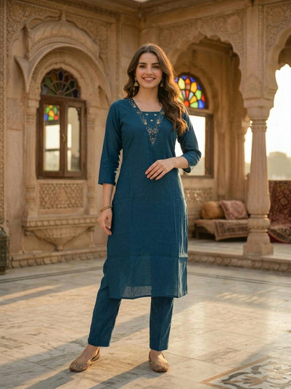 Steel Blue Solid Muslin Silk Straight Kurta Set with Mirror Work, Hand Embroidery, V-Neck, Pant & Printed Poly Chanderi Dupatta