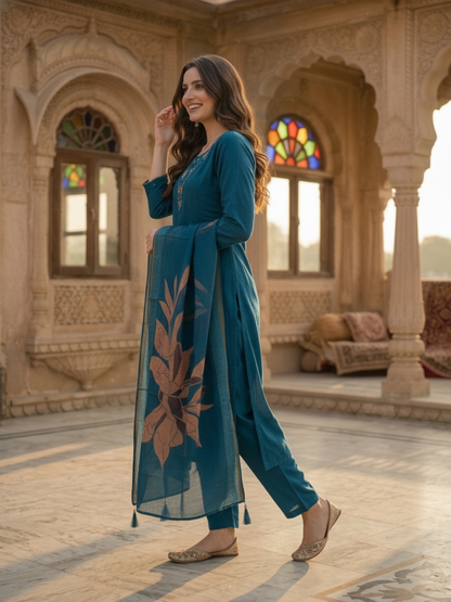 Steel Blue Solid Muslin Silk Straight Kurta Set with Mirror Work, Hand Embroidery, V-Neck, Pant & Printed Poly Chanderi Dupatta
