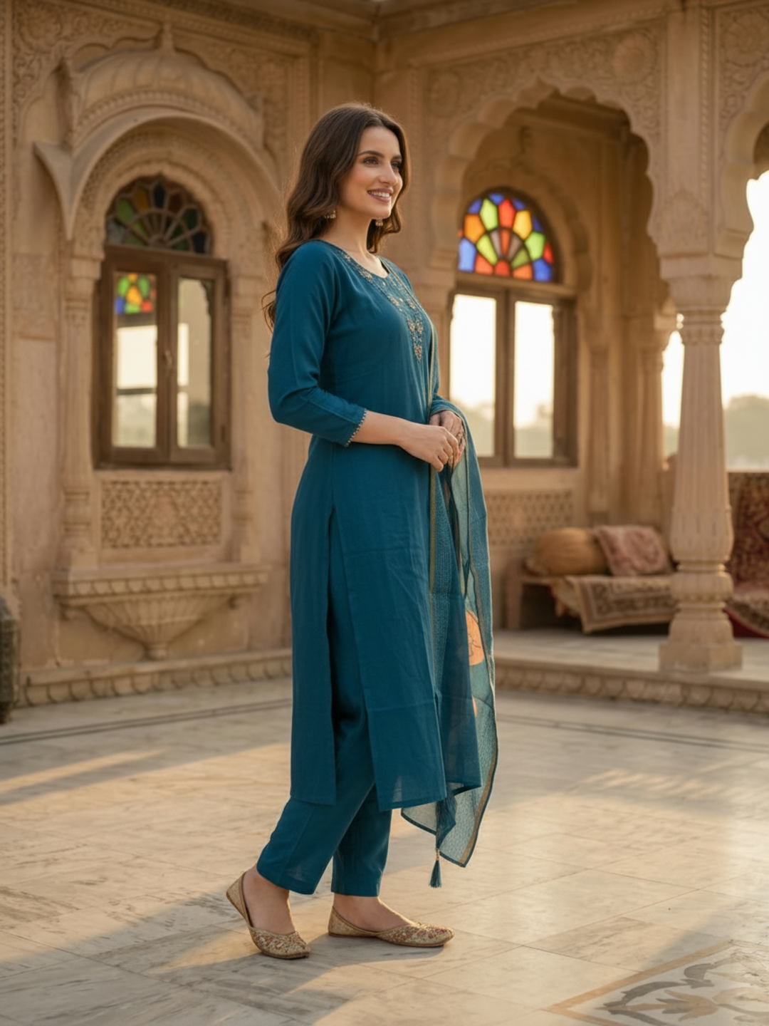 Steel Blue Solid Muslin Silk Straight Kurta Set with Mirror Work, Hand Embroidery, V-Neck, Pant & Printed Poly Chanderi Dupatta