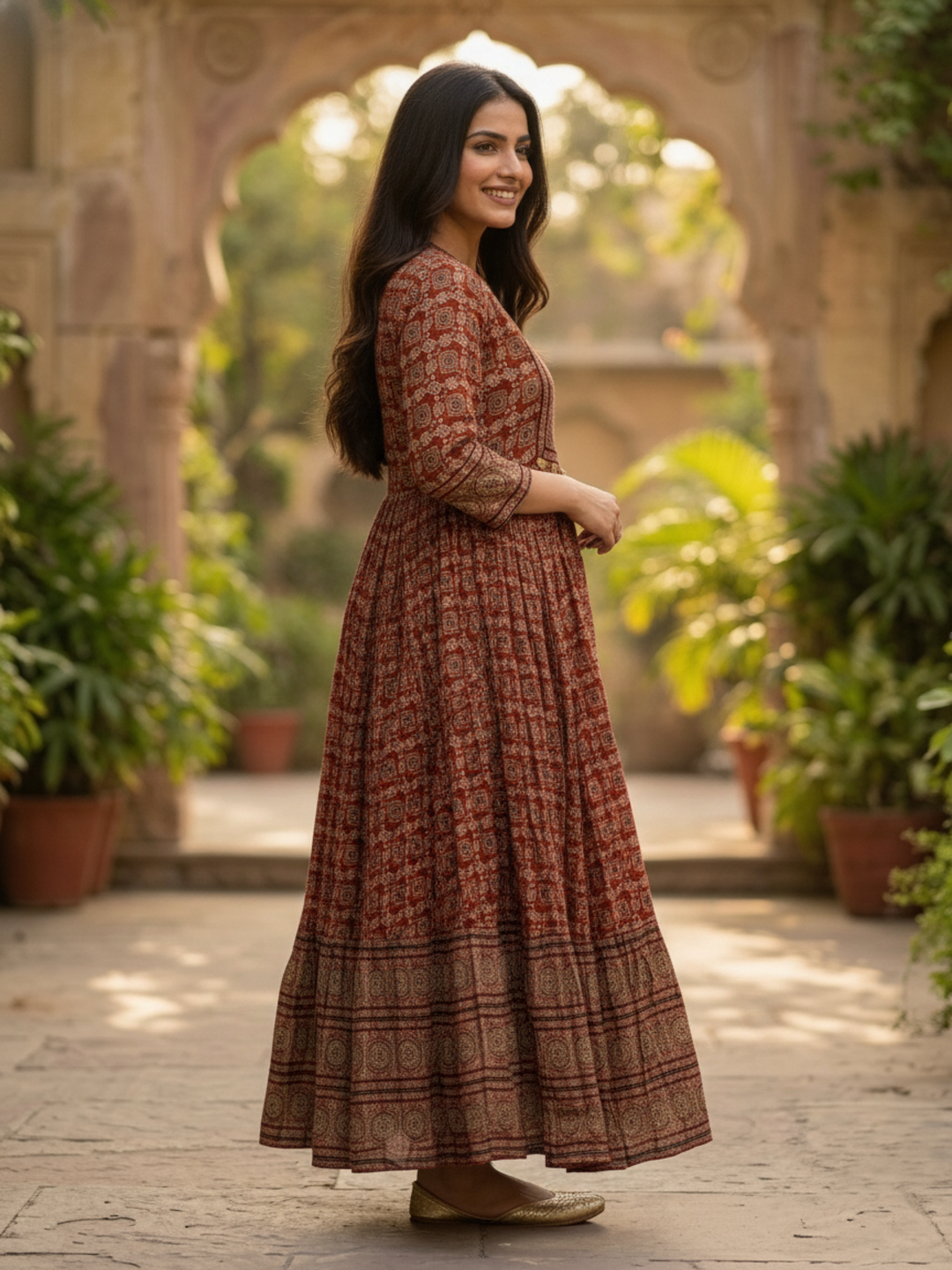 Maroon Ethnic Floral Print Cotton A-Line Pleated Maxi Dress with Hand Embroidery, Beads & Sequin Work