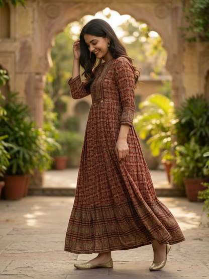 Maroon Ethnic Floral Print Cotton A-Line Pleated Maxi Dress with Hand Embroidery, Beads & Sequin Work