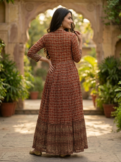 Maroon Ethnic Floral Print Cotton A-Line Pleated Maxi Dress with Hand Embroidery, Beads & Sequin Work