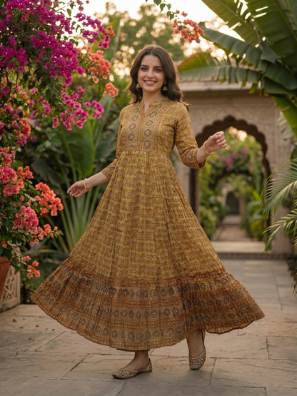 Mustard Yellow Ethnic Floral Print Cotton A-Line Pleated Maxi Dress with Hand Embroidery, Beads & Sequin Work