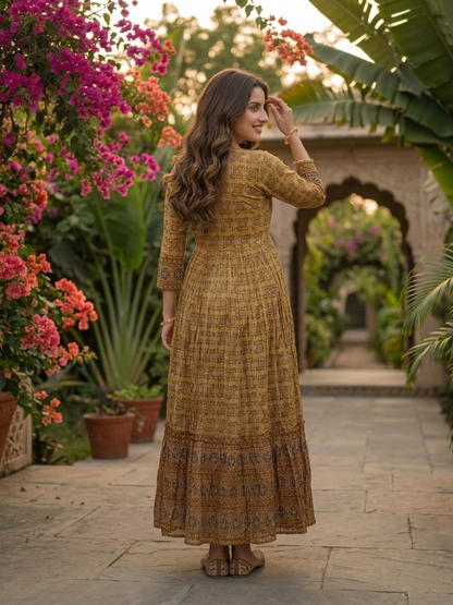 Mustard Yellow Ethnic Floral Print Cotton A-Line Pleated Maxi Dress with Hand Embroidery, Beads & Sequin Work