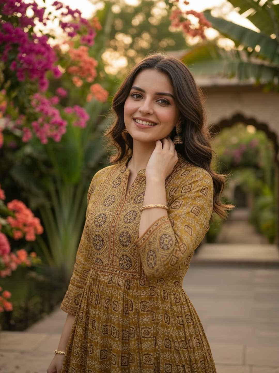 Mustard Yellow Ethnic Floral Print Cotton A-Line Pleated Maxi Dress with Hand Embroidery, Beads & Sequin Work