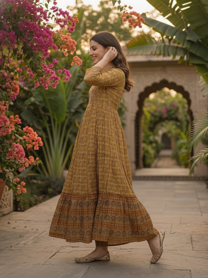 Mustard Yellow Ethnic Floral Print Cotton A-Line Pleated Maxi Dress with Hand Embroidery, Beads & Sequin Work