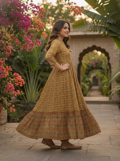 Mustard Yellow Ethnic Floral Print Cotton A-Line Pleated Maxi Dress with Hand Embroidery, Beads & Sequin Work