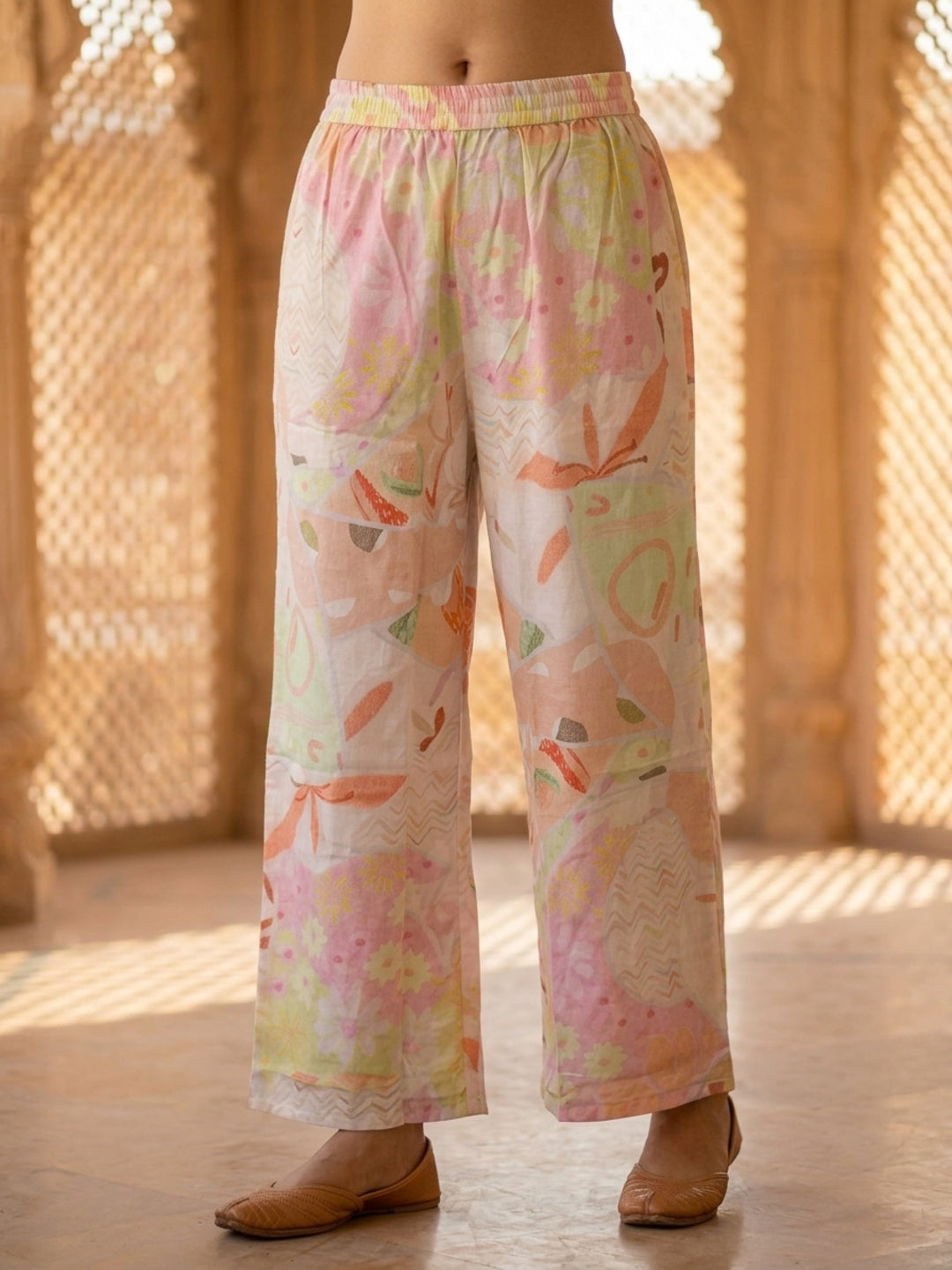 Multi Abstract Floral Print Cotton Straight Fit Co-ord Set with Threadwork, Beads & Mirror Work