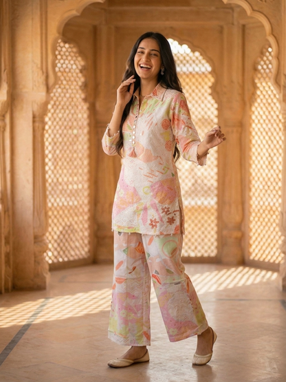 Multi Abstract Floral Print Cotton Straight Fit Co-ord Set with Threadwork, Beads & Mirror Work