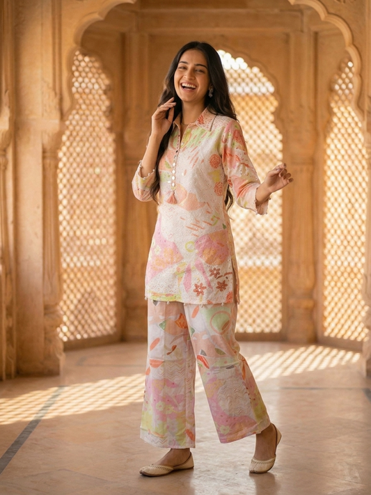 Multi Abstract Floral Print Cotton Straight Fit Co-ord Set with Threadwork, Beads & Mirror Work