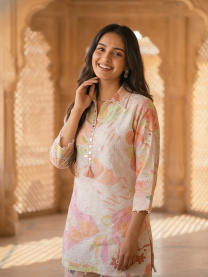 Multi Abstract Floral Print Cotton Straight Fit Co-ord Set with Threadwork, Beads & Mirror Work
