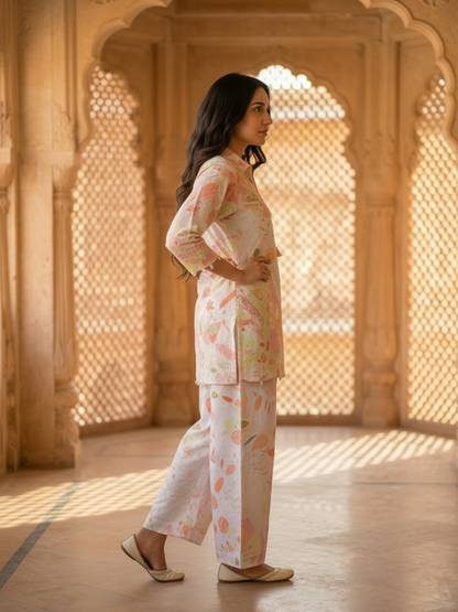 Multi Abstract Floral Print Cotton Straight Fit Co-ord Set with Threadwork, Beads & Mirror Work