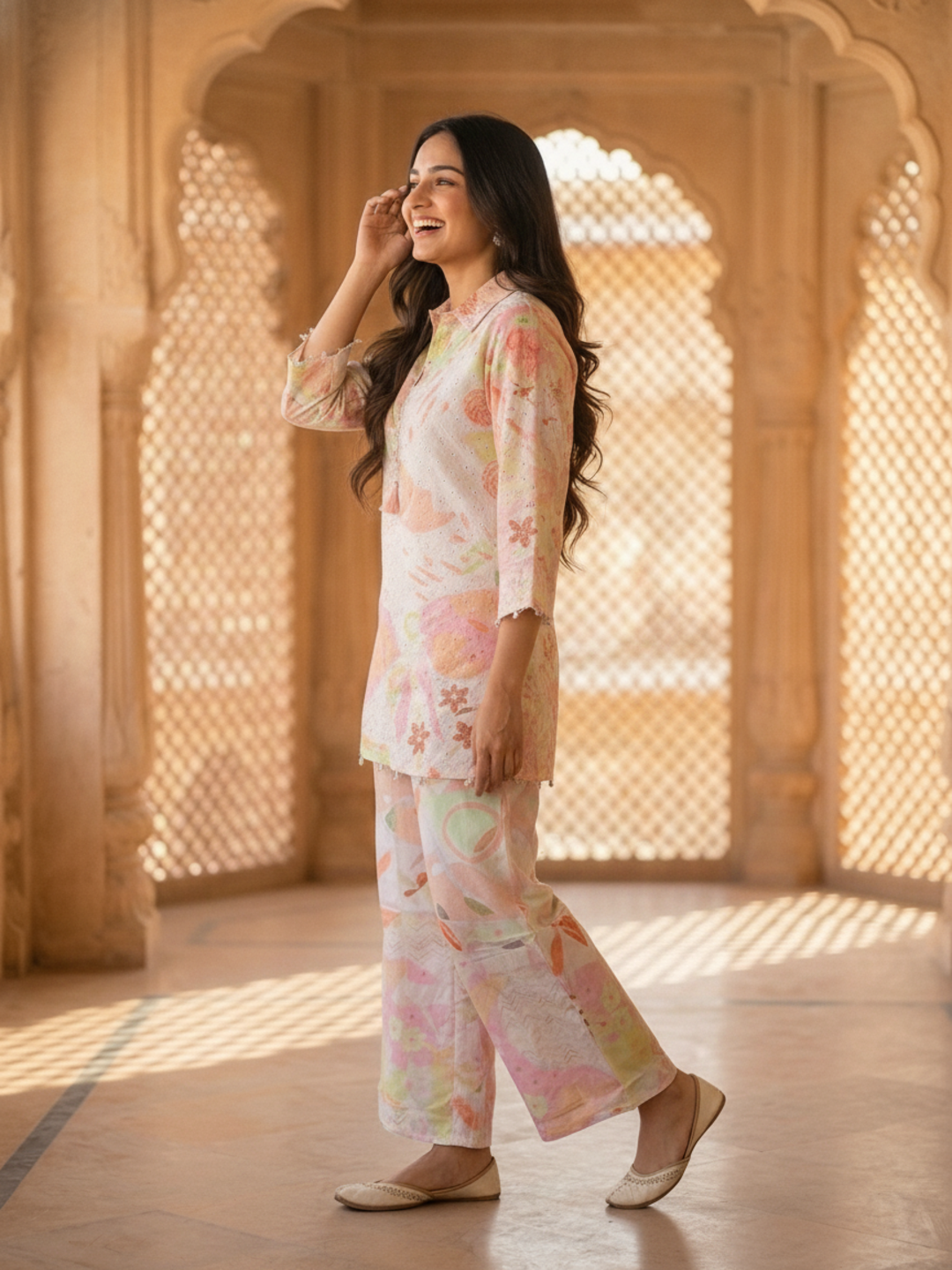 Multi Abstract Floral Print Cotton Straight Fit Co-ord Set with Threadwork, Beads & Mirror Work
