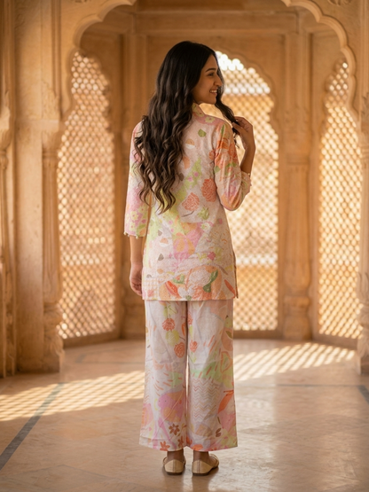 Multi Abstract Floral Print Cotton Straight Fit Co-ord Set with Threadwork, Beads & Mirror Work