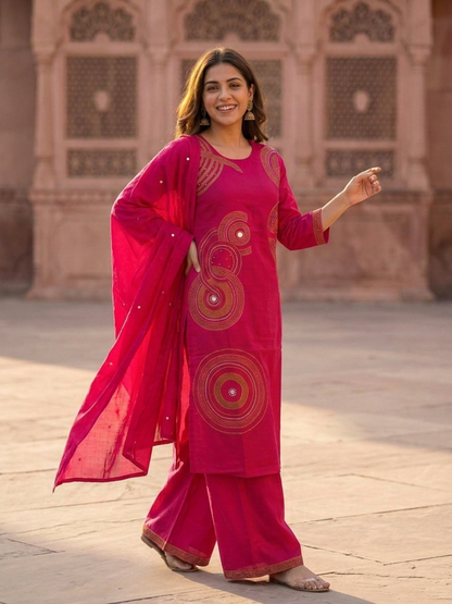 Magenta Solid Cotton Straight Kurta Set with Ethnic Embroidery, Flared Palazzo & Embroidered Dupatta