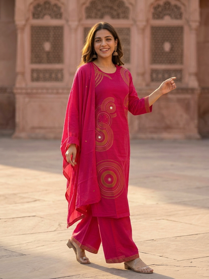Magenta Solid Cotton Straight Kurta Set with Ethnic Embroidery, Flared Palazzo & Embroidered Dupatta