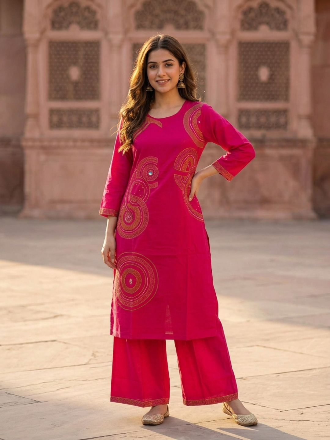 Magenta Solid Cotton Straight Kurta Set with Ethnic Embroidery, Flared Palazzo & Embroidered Dupatta
