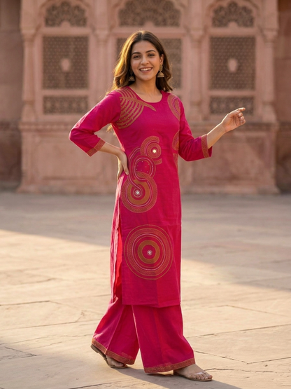 Magenta Solid Cotton Straight Kurta Set with Ethnic Embroidery, Flared Palazzo & Embroidered Dupatta