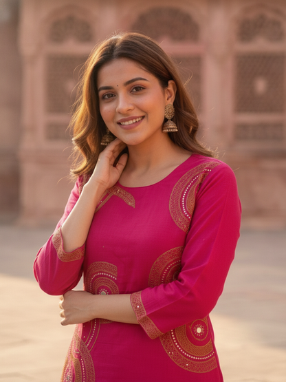 Magenta Solid Cotton Straight Kurta Set with Ethnic Embroidery, Flared Palazzo & Embroidered Dupatta